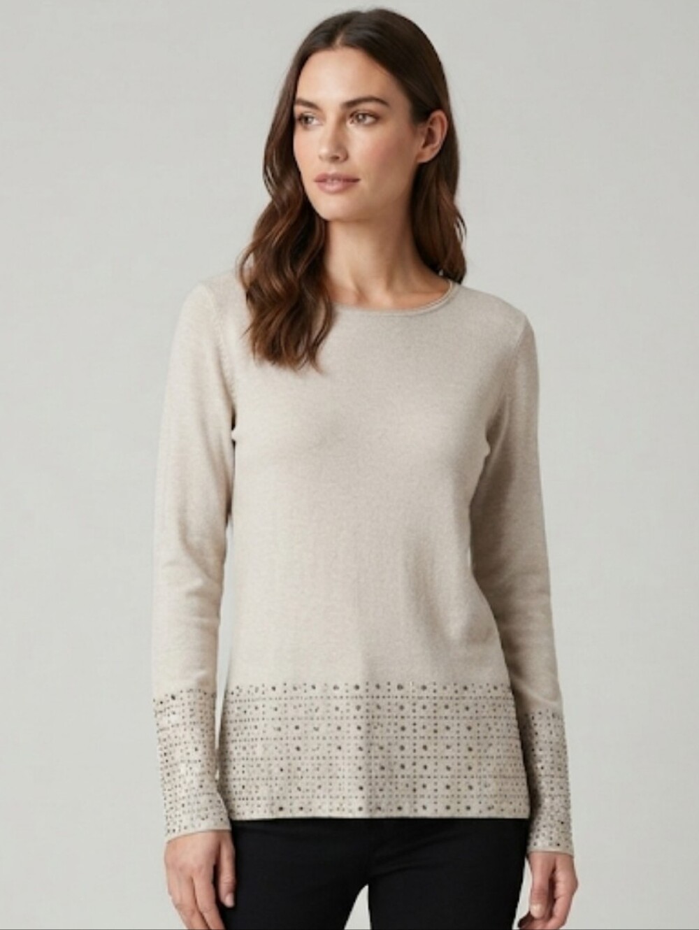 Milano Metallic Embellished Cuffs/Hem Knit Sweater Cream/Oatmeal Medium